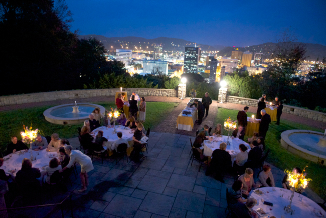 A view of Charleston at dusk from the terrace of the MacCorkle MansionPhoto by Tyler Evert, West Virginia Division of Culture and History